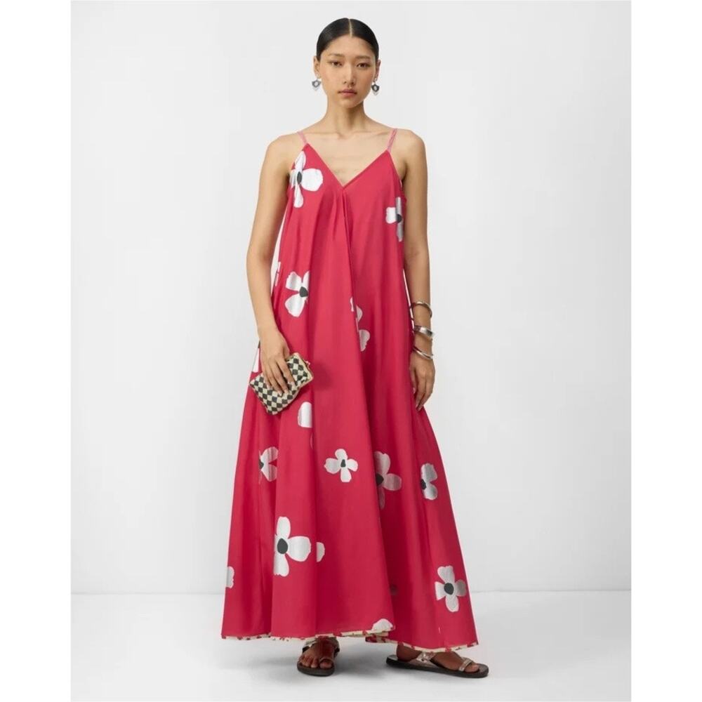 NICOBAR V-Neck Strappy Maxi Trapeze Dress in Watermelon Red Silver Floral Sz XL